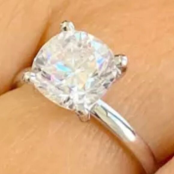 Cushion Cut Solitaire Ring, Silver Band, Elegant Engagement Bridal Promise - Picture 3 of 12